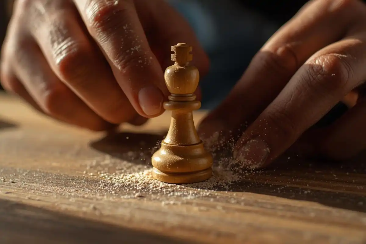 Hand sanding and detailing Diyar wood chess pieces