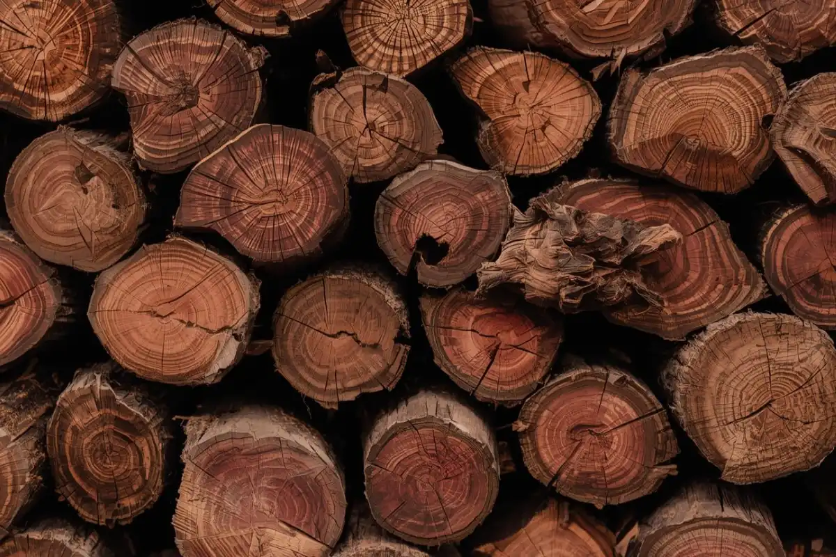 Sheesham wood planks stacked for natural air seasoning